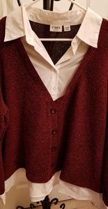 Red &black marled sweater w/white shirt attached.